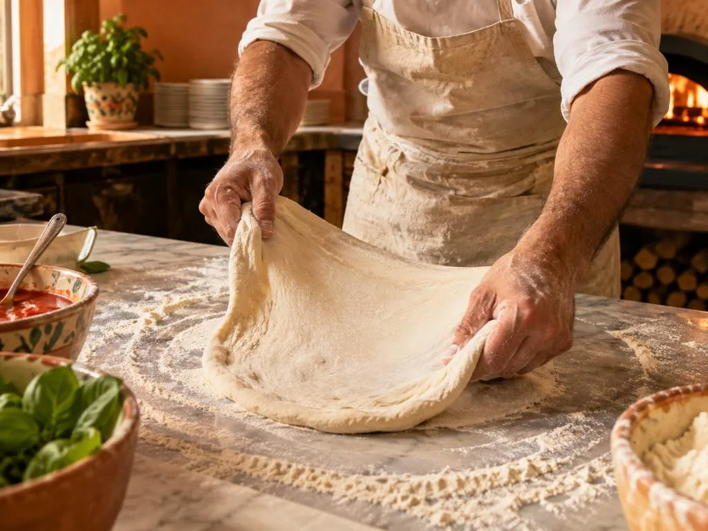 Ein neapolitanischer Pizzaiolo vor der Öffnung des Holzofens