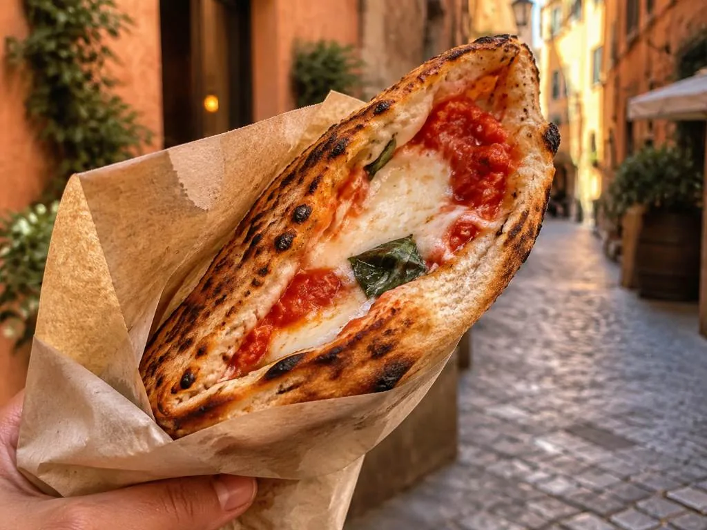 Pizza a portafoglio, vierfach gefaltet, unterwegs gegessen