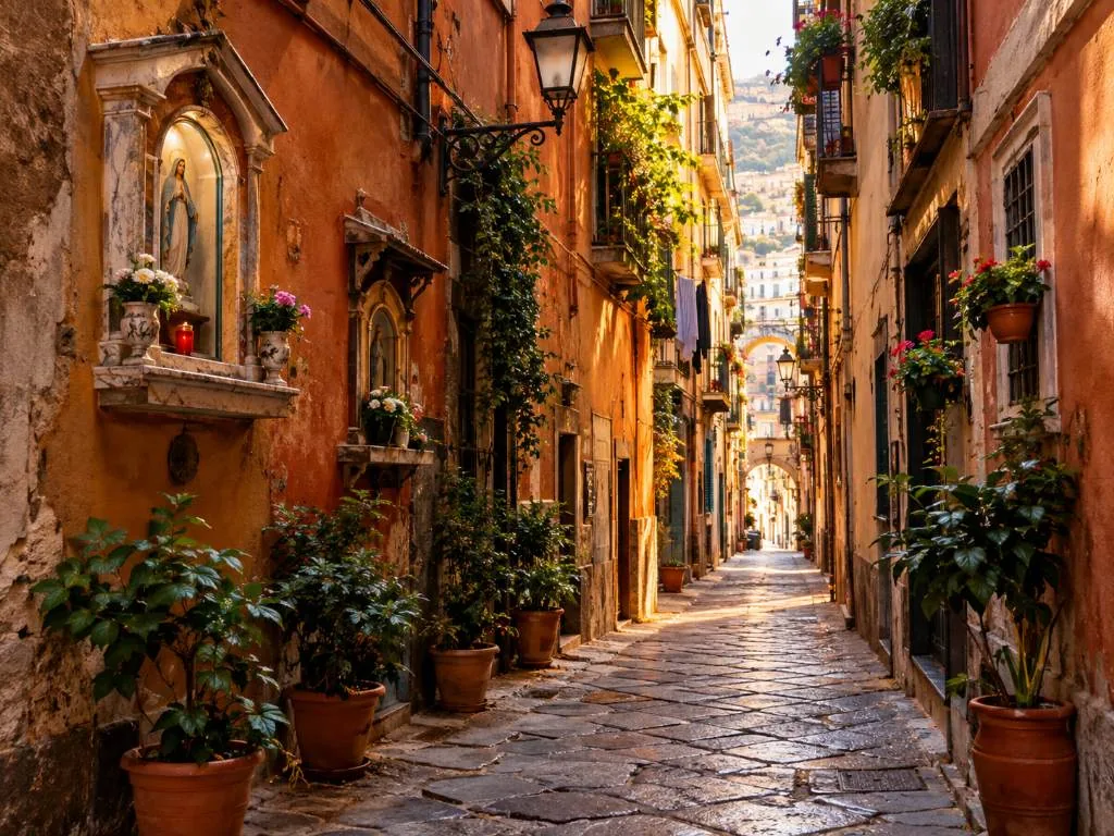 Eine enge Gasse der Altstadt mit geparkten Rollern